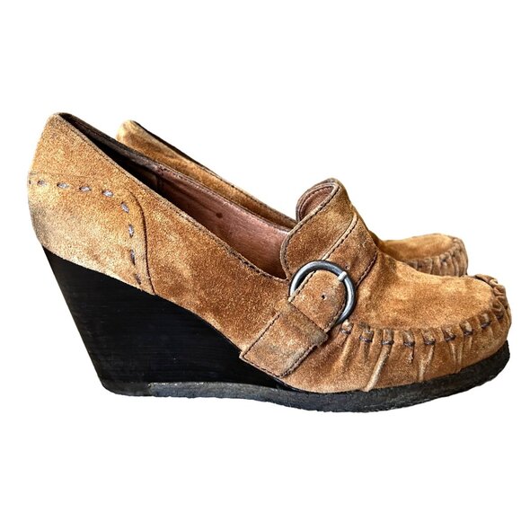 Biviel Brown Leather Wedge Loafers Sz 7 (38 EU) Womens 4" Heel w/ Side Buckle - Picture 6 of 13